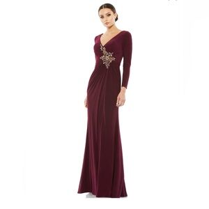 Mac Duggal Wine Maxi Dress with Gold Detailing